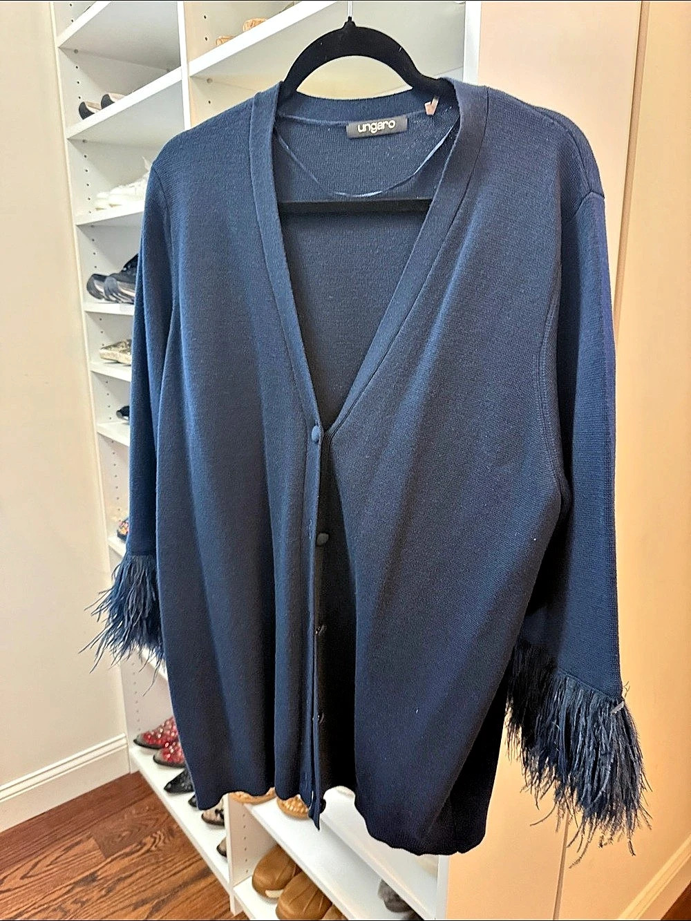 Ungaro Fringe Sleeve Cardigan in Blue Like New